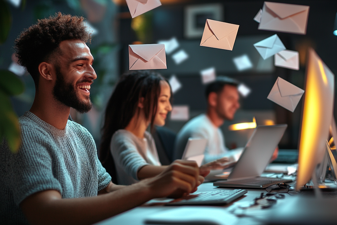Un programmatore sorridente davanti ai computer con delle buste