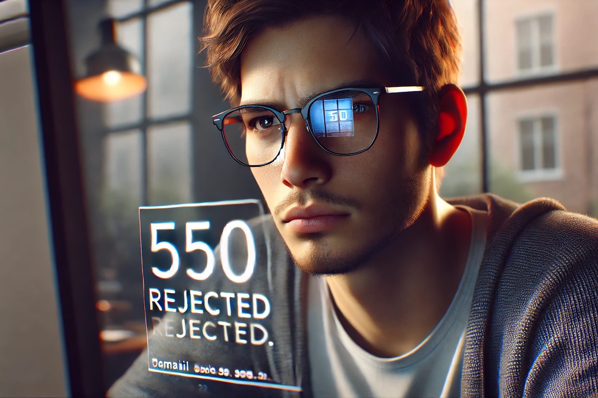 Un giovane frustrato di fronte a uno schermo che visualizza 550 rifiuti