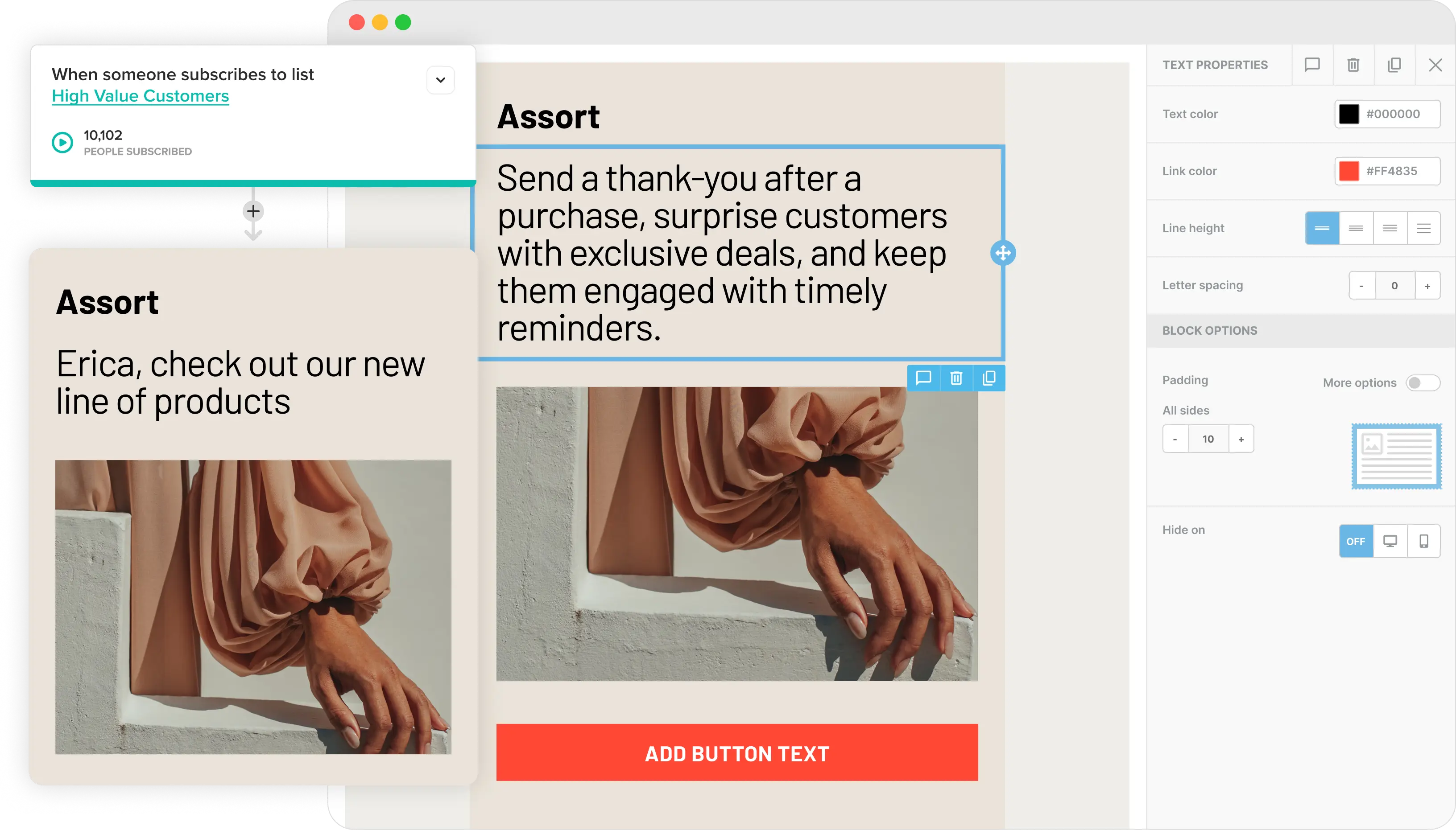 L'editor di email di Cakemail con un'email commerciale aperta.