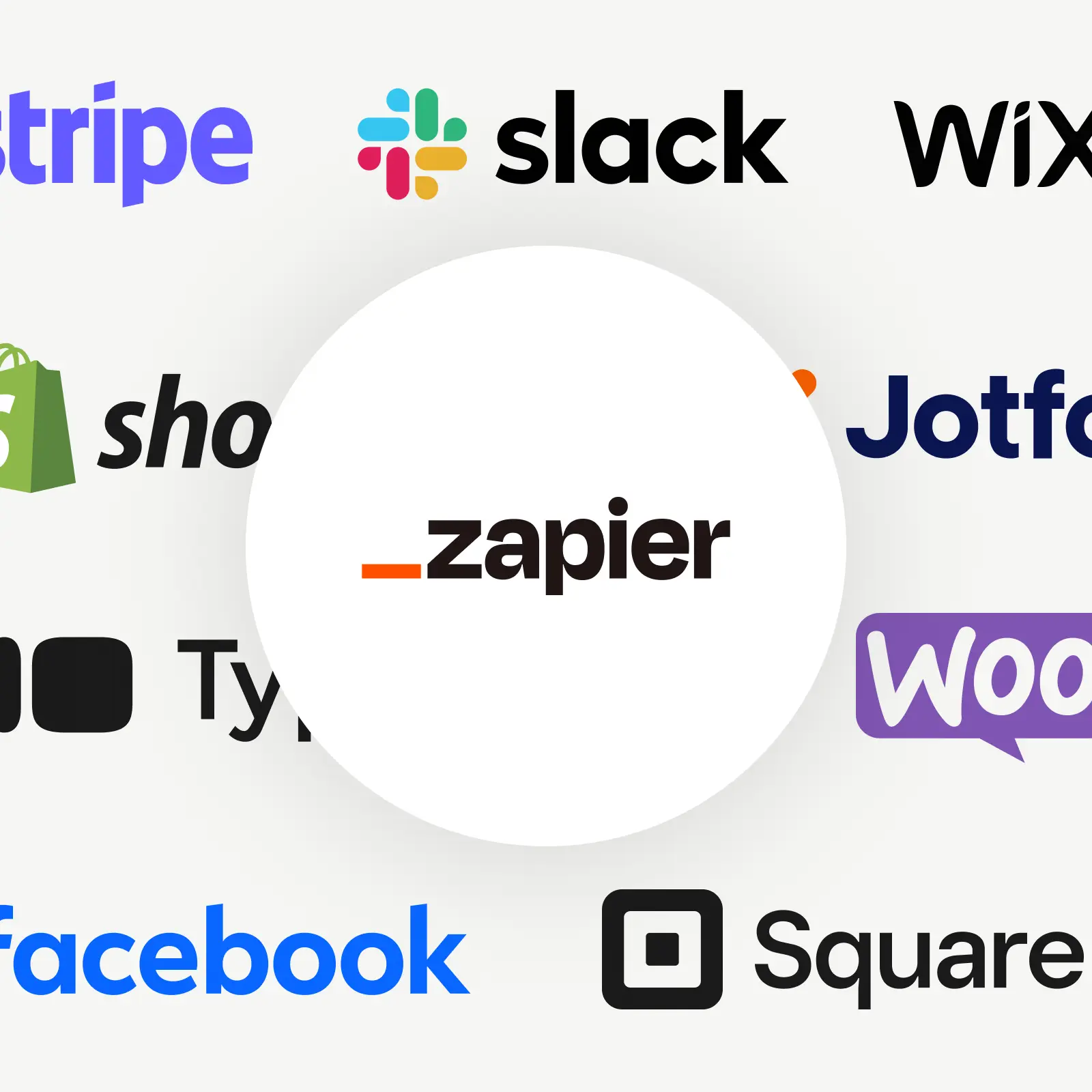 I loghi di Stripe, Slack, Wix, Shopify, Zapier, Jotform, Typeform, WooCommerce, Facebook e Square.